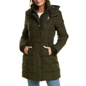 NEW! Nautica Women's Mid-length Hooded, Belted Puffer Jacket Black Size XL $315